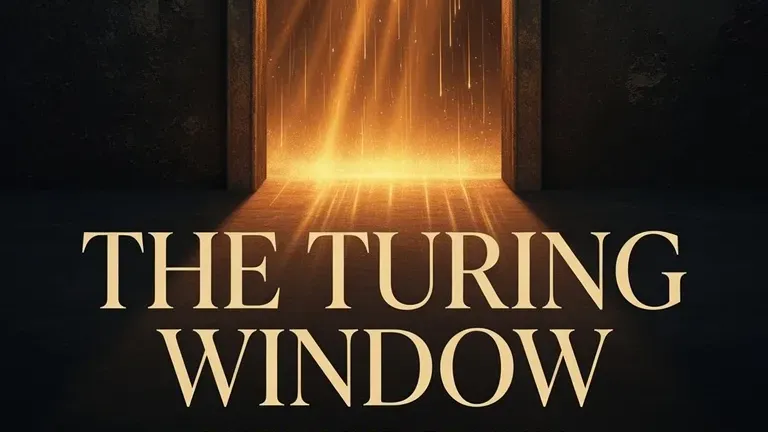 A tall amber aperture glowing in charcoal dark, light streaks spilling through — the brief Turing Window